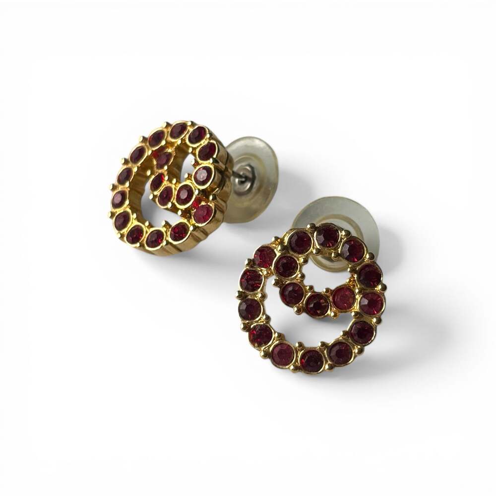 Vintage Swarovski Dark Red Siam Crystal Double Circle Gold Tone Stud Earrings